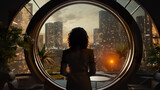 person standing by window and looking at futuristic city view, sci fi concept, woman and future cityscape