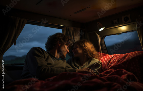 happy couple hug and kiss in camping trailer, romantic adventure and road trip of young man and woman © goami