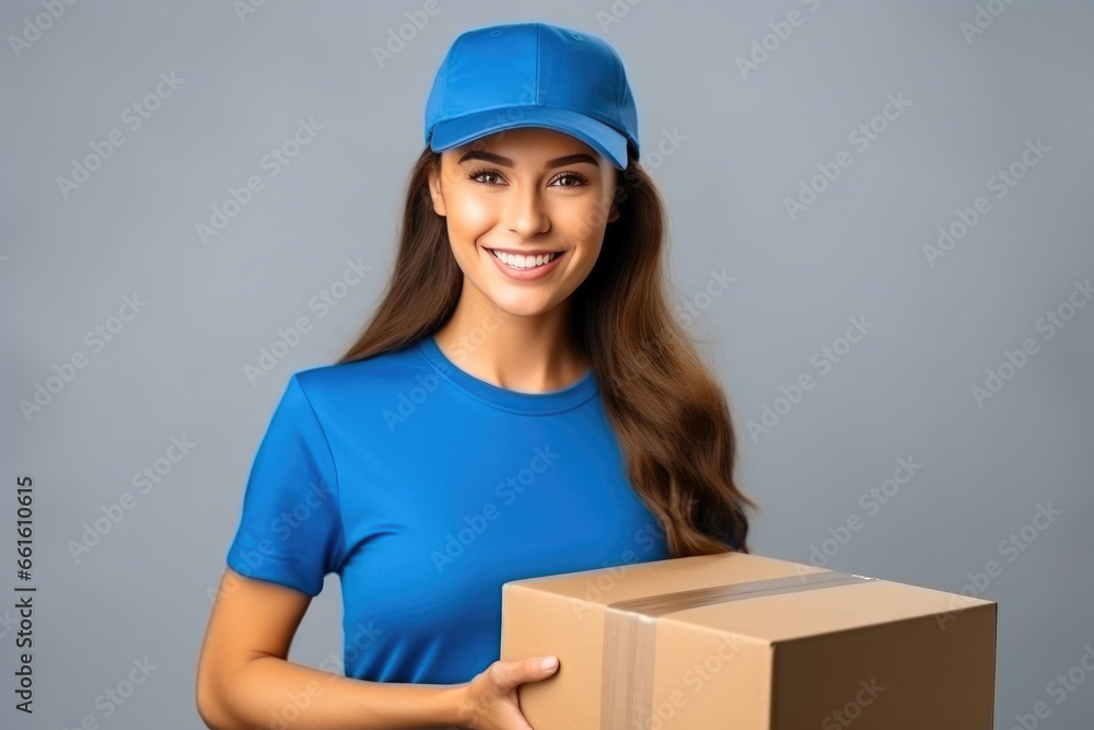 Confident Woman Delivery Worker in Stylish Blue Attire Confident Woman Delivery Worker in Stylish Blue Attire