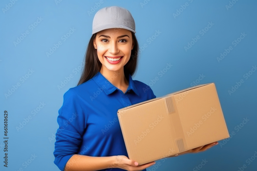 Smiling Female Courier in Blue Uniform Delivering Parcel Smiling Female Courier in Blue Uniform Delivering Parcel