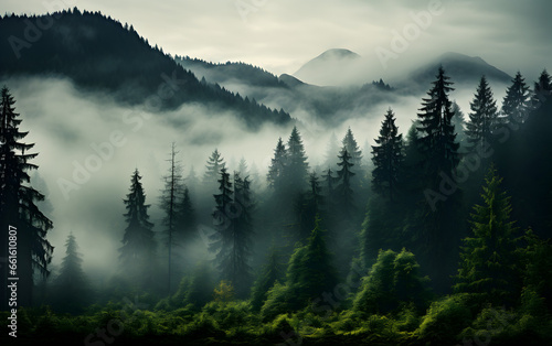 Mountain and fog landscape with pine forest