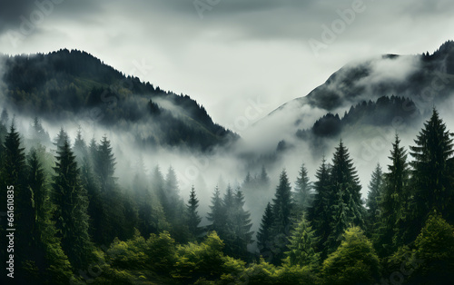 Mountain and fog landscape with pine forest © kitti