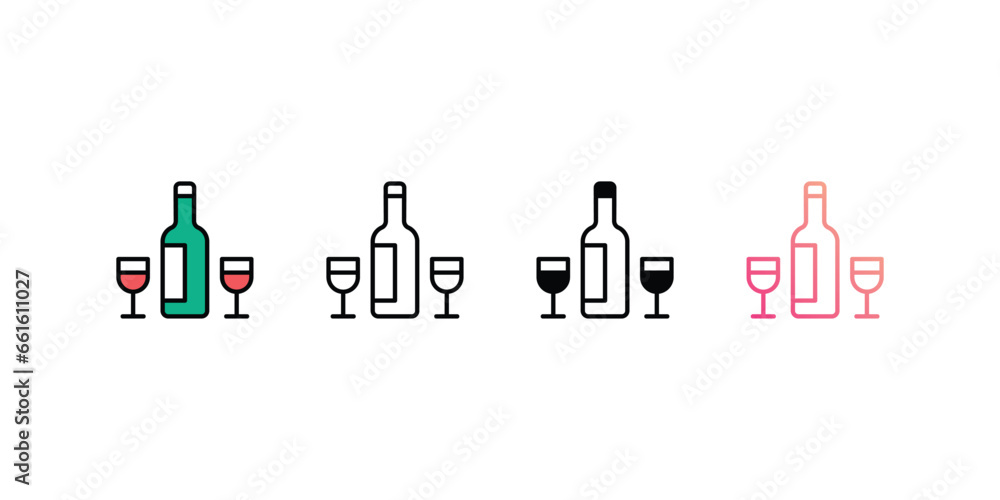 Alcohal icons, color, line, glyph, gradient, Blue icon, Birthday party icon in five variations stock illustration.