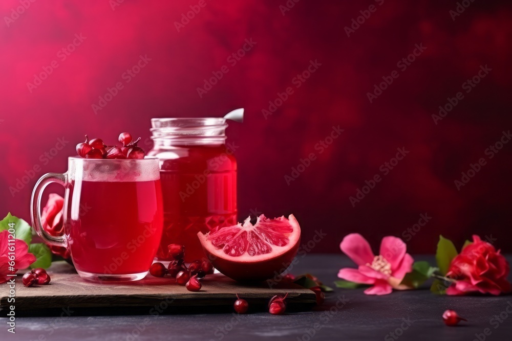 Hibiscus tea with grapefruits and berries on red background, copy space, atmospheric photo Hibiscus tea with grapefruits and berries on red background, copy space, atmospheric photo