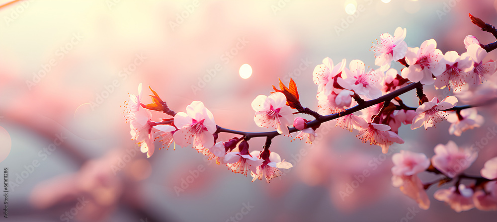 Spring border or background art with pink blossom. Beautiful nature scene with blooming tree and sun