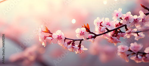 Spring border or background art with pink blossom. Beautiful nature scene with blooming tree and sun