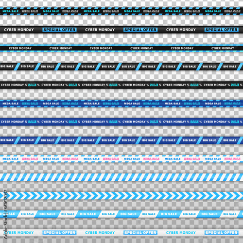 Endless barricade tapes, discount stripes for Cyber Monday online shopping isolated on transparent background. Big collection of seamless bright blue, cyan realistic ribbons with text - big sale