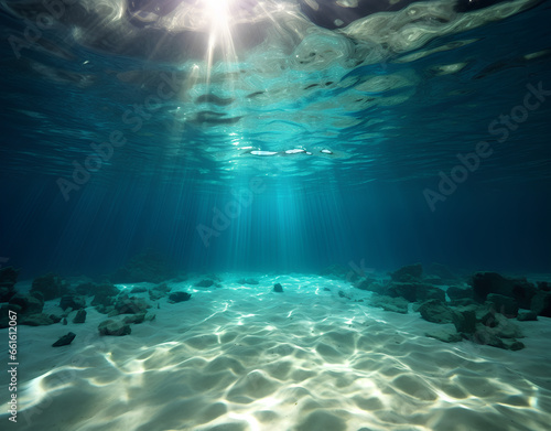 underwater background deep blue sea and beautiful light rays with sandy floor © MOUNSSIF