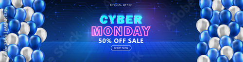 Cyber Monday ad Sci-fi panoramic banner with sale shop button, 3d glossy balloons and neon text. Promo luminous Synthwave header, retro futuristic blue wallpaper with discount info for online shopping