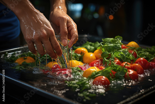 A person washing fruits and vegetables under running water to remove contaminants and practice food hygiene. Concept of food washing. Generative Ai.