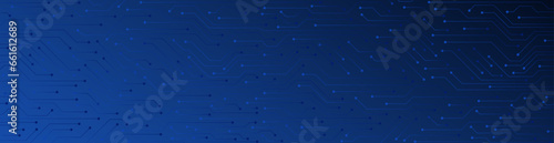 Hi-tech panoramic background with blue computer chip pattern. Empty futuristic wallpaper with circuit board, cyber space poster, technology backdrop