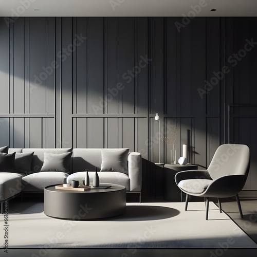 Scandinavian living room  where a sleek grey chair and round coffee table sit near a corner sofa against a dark grey paneling wall. The modern design is brought to life with clean lines