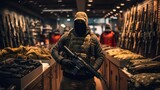 Military Supplies: Man Examining Firearms at Army Store