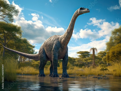 Massive Sauropod Dinosaurs in Late Jurassic Wetland: Stunning 3D Rendering of Argentinosaurus and Brachiosaurus © Sandris_ua