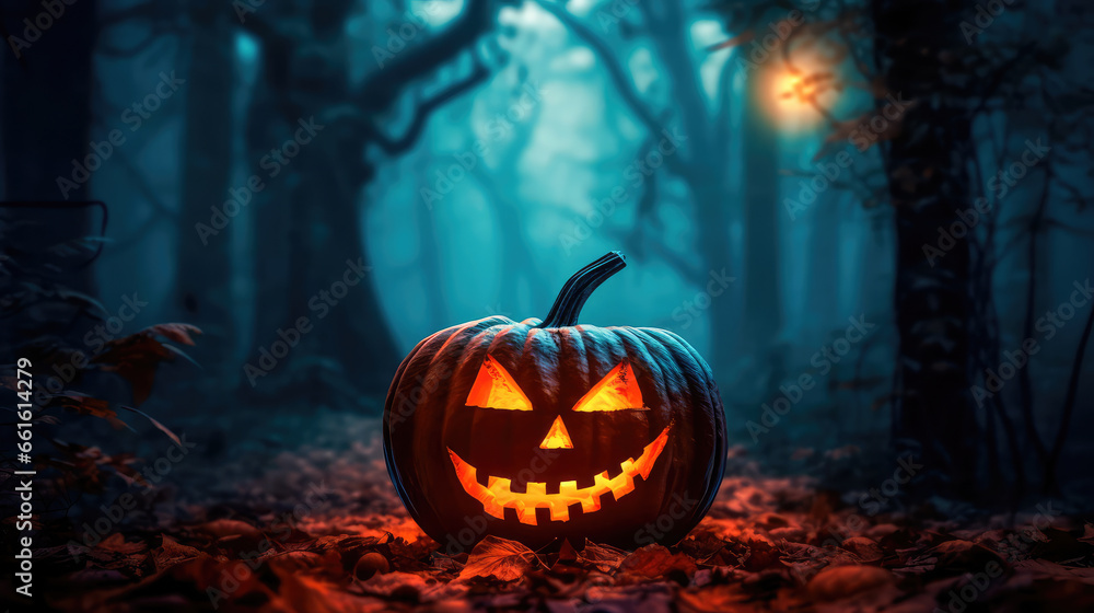 Spooky pumpkin lantern glows in the dark autumn night. Generative AI Spooky pumpkin lantern glows in the dark autumn night. Generative AI