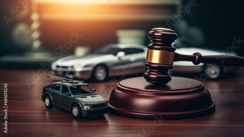 Legal Justice in Hobby and Leisure: Car Accident Insurance Court Case with Judge's Gavel and Copy Space photo