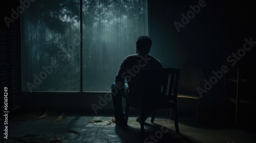 Lonely Man Seeking Hope: Hopeful Mental Health Concept Image Featuring a Solitary Man Sitting in a Dark Room Staring at Light Through Window.