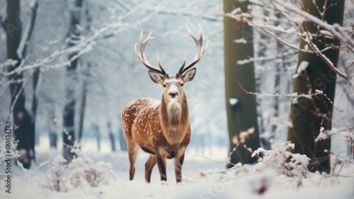 Majestic Winter Wonderland: Noble Male Deer in a Christmas Forest © Sandris_ua