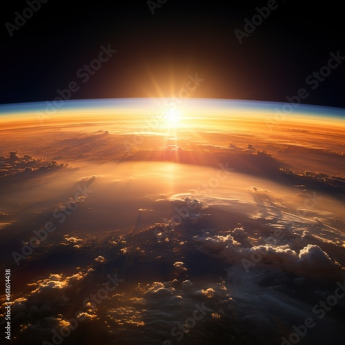morning sun over planet earth: sunrise shining glow over curvature taken from space