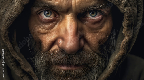 an old man, 50s, marked by life, wrinkles and long gray beard, dark circles under the eyes, irritated tired