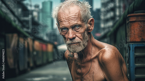 an old man, 50s, marked by life, wrinkles and gray beard, dark circles under the eyes, irritated tired eyes photo