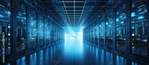 Cloud computing concept in large data center with server racks and cabinets containing hard drives