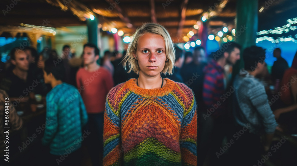 A young adult Caucasian woman with blonde hair, wearing striped rainbow colored knitted sweater A young adult Caucasian woman with blonde hair, wearing striped rainbow colored knitted sweater