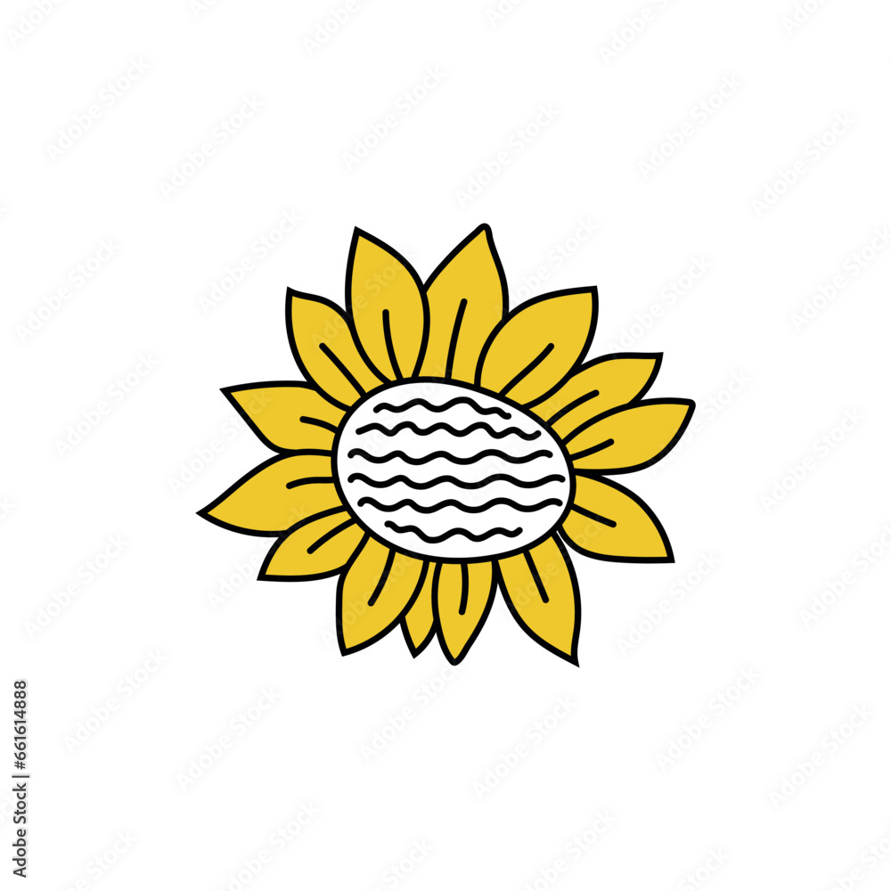 Hand drawn colorful sunflower isolated on a white background. Doodle, simple outline illustration. It can be used for decoration of textile, paper and other surfaces. Logo element, icon Hand drawn colorful sunflower isolated on a white background. Doodle, simple outline illustration. It can be used for decoration of textile, paper and other surfaces. Logo element, icon