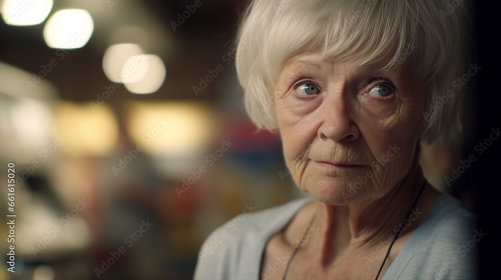 Everyday life of an older woman with medium length gray hair, wrinkles on the face, sad tired eyes Everyday life of an older woman with medium length gray hair, wrinkles on the face, sad tired eyes