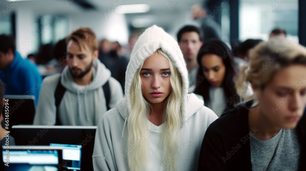 young adult woman is a student and on the way to school or university to the lecture, exam anxiety young adult woman is a student and on the way to school or university to the lecture, exam anxiety