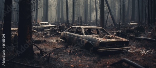 Abandoned forest graveyard for cars photo