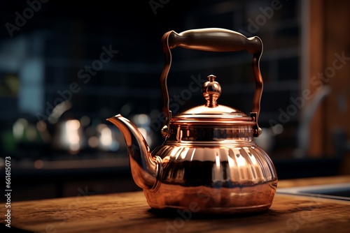 teapot on a wooden table, Generative AI photo