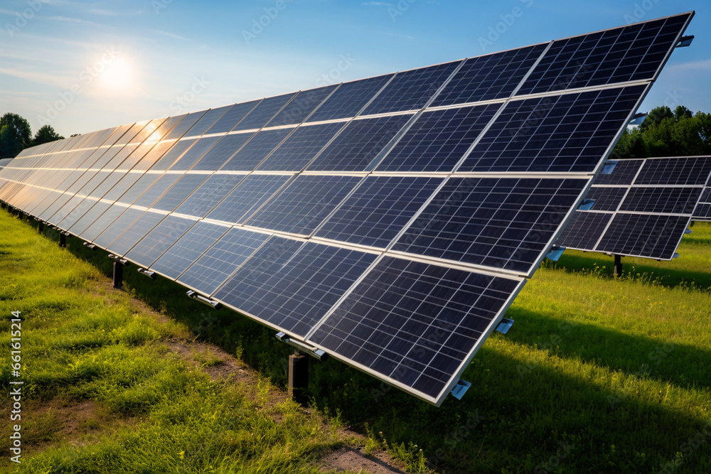 Solar photovoltaic power panel in clean green field alternative energy concept. Generative AI Solar photovoltaic power panel in clean green field alternative energy concept. Generative AI