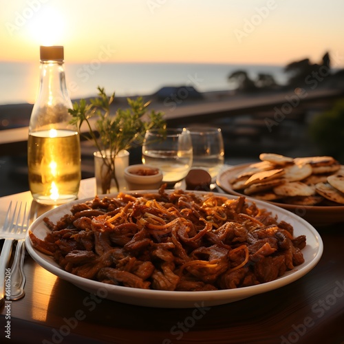 Bulgogi against the background of the beautiful coast of South Koreaat sunset on the restaurant terrace