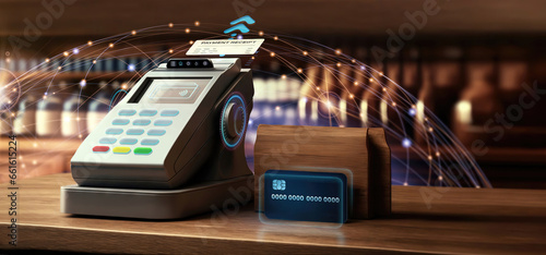 point of sale counter cashier, global wireless card payment technology as wide banner design photo