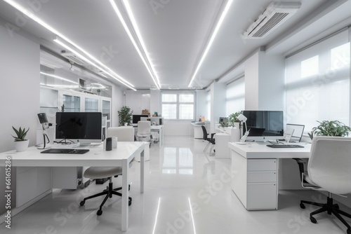 Spacious office with wide white interiors. Generative AI
