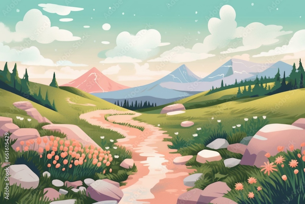 Illustration of a spring hiking path leading to a mountain. Generative AI