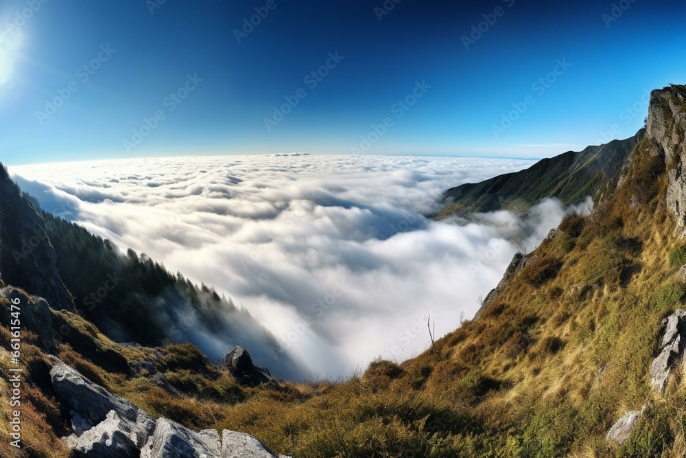 Mountain panorama above clouds. Generative AI