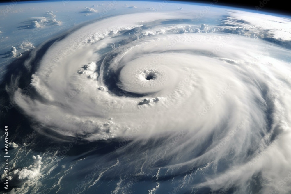 Hurricane-like cyclone seen from space surrounded by clouds. Generative AI