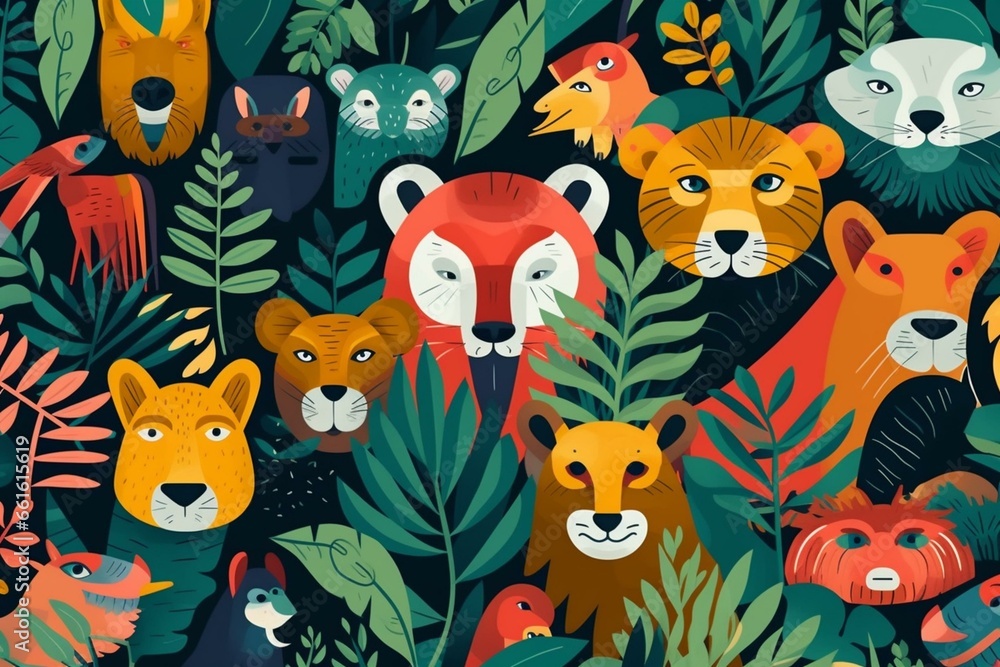 Fototapeta premium Illustration of jungle animals in a pattern with a flat design. Generative AI