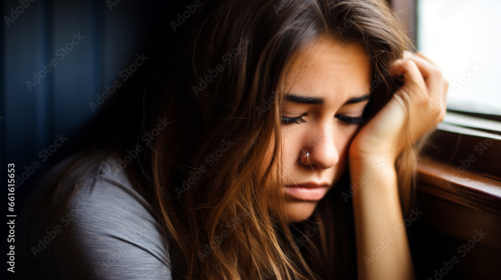 Sitting at home at the kitchen window, a young adult woman or teenage girl, teen is sad and envious Sitting at home at the kitchen window, a young adult woman or teenage girl, teen is sad and envious