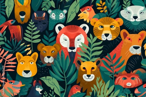 Illustration of jungle animals in a pattern with a flat design. Generative AI