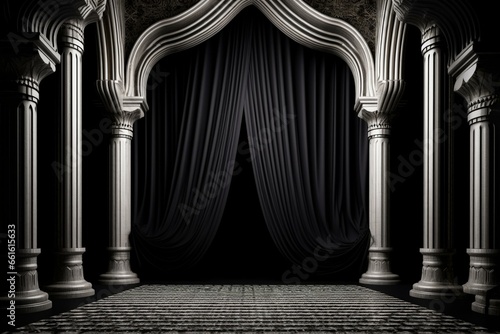 Artistic rendering of Moroccan arabesque background with black curtains and ancient Greek columns. Generative AI