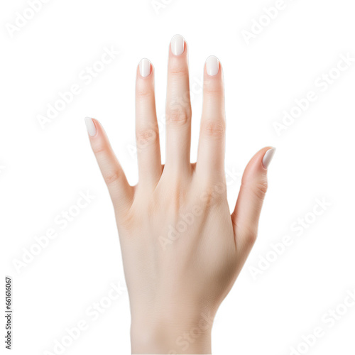 A woman's hand with a beautiful white manicure