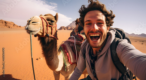man took selfie while riding camel ai generative © lemya