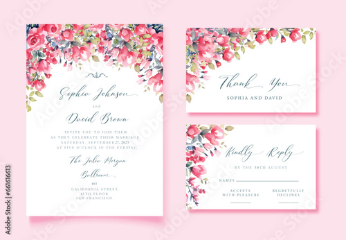 Watercolor Pink Wedding invitation with wild flowers, thank you and rsvp cards, vector template.
