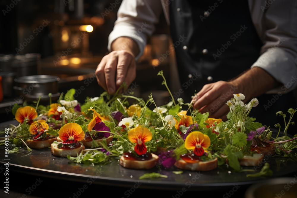 A chef garnishing a gourmet dish with microgreens and edible flowers, elevating the culinary experience. Concept of gourmet cuisine. Generative Ai.