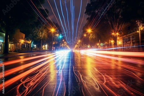 Illuminated streaks on nighttime streets. Generative AI