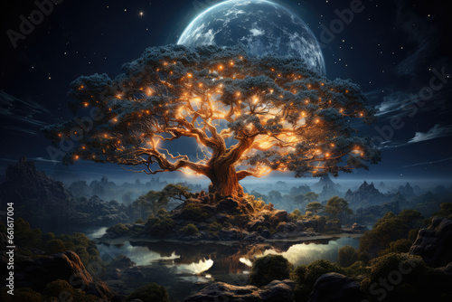 An artist's depiction of a branching tree, with each branch representing a different parallel universe. Concept of the multiverse. Generative Ai.