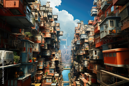 A surreal painting of a cityscape where gravity works differently, illustrating the imaginative possibilities of parallel universes. Concept of artistic interpretation. Generative Ai.